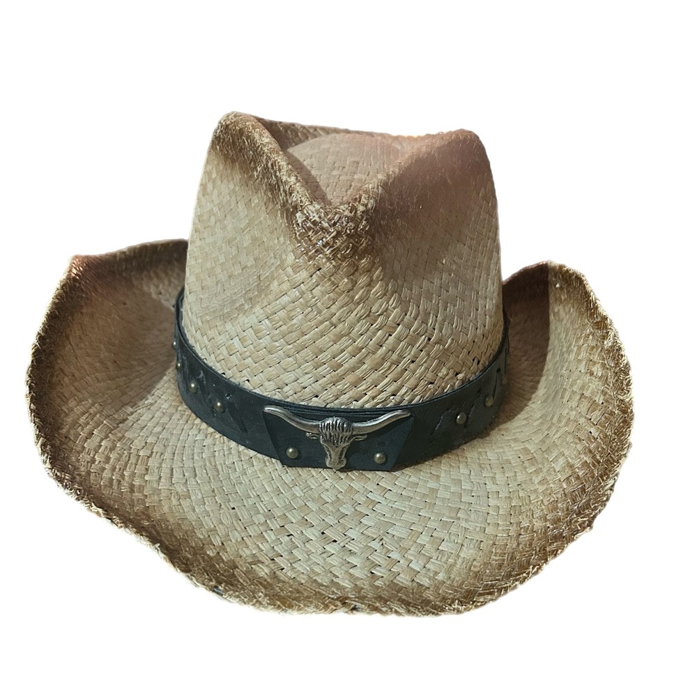 Vamuss DistresseStraw BOHO Cowgirl Hat Bull Skull Studded Western Ranch Hat
